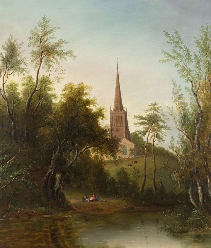 Figures by a Pond, with Cattle and a Church beyond